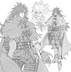  1boy arm_belt belt clawed_gauntlets covered_mouth cow final_fantasy final_fantasy_vii full_body greyscale headband highres holster leg_belt light_blush long_hair male_focus mmmckayyy monochrome multiple_belts multiple_views pointy_boots sketch solo spiky_hair thigh_holster torn_clothes upper_body vincent_valentine white_background 