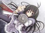  akemi_homura battle black_hair black_legwear blood clenched_teeth highres injury katana long_hair magical_girl mahou_shoujo_madoka_magica pantyhose polearm purple_eyes sakuraebi_chima solo soul_gem spear sword violet_eyes weapon 