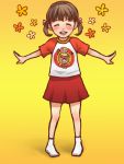  arms_out brown_hair closed_eyes doujima_nanako eyes_closed legs outstretched_arms pencil_(enpitsu) persona persona_4 short_twintails skirt smile socks solo standing t-shirt twintails 