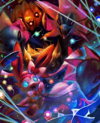  8686island animal_focus black_sclera blue_eyes blue_sclera bow colored_sclera commentary_request dragon fangs highres hydreigon multiple_heads no_humans open_mouth pink_fur pokemon pokemon_(creature) pokemon_focus ribbon sharp_teeth smile sylveon teeth tongue tongue_out violet_eyes white_fur 