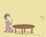  animal_ears cup dress green_eyes green_hair holding kahasina kasodani_kyouko kawashina_(momen_silicon) kneeling phone solo string string_phone table touhou yellow_background 