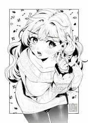  1girl adjusting_earrings arrow_print bent_over blush border breasts collarbone earrings filter-goshi_no_kanojo flower_earrings heart heart_print jewelry koto_mitsuha large_breasts long_hair long_sleeves mole mole_on_collarbone monochrome official_art oomsz open_mouth pantyhose patterned_background shirt sweater twitter_username white_border 