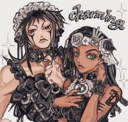  1boy 1girl alternate_costume arm_tattoo black_dress black_hair bow charming_man choker dark-skinned_female dark_skin dragona_joestar dreadlocks dress facial_mark frilled_choker frilled_dress frilled_headwear frills gothic_lolita green_eyes head_wreath highres jojo_no_kimyou_na_bouken lolita_fashion male_focus naru_tomaki tattoo the_jojolands 