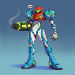  ... 1girl absurdres arm_cannon armor assault_visor blood blood_on_armor blue_background brwnbear clenched_hand full_armor gradient_background green_blood highres metroid metroid_dread normal_suit_(metroid) power_armor power_suit_(metroid) samus_aran smoke smoking_barrel weapon 