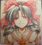  bare_shoulders black_hair dated detached_sleeves hair_tubes hakurei_reimu marker_(medium) miko photo red_eyes shikishi smile solo takana_shinno touhou traditional_media translation_request 