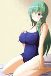  breasts cleavage frog_hair_ornament green_eyes green_hair hair_ornament hair_tubes kochiya_sanae large_breasts long_hair school_swimsuit sitting solo swimsuit touhou wink 