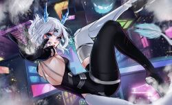  1girl absurdres bare_back blue_eyes bodysuit city commentary dragon_girl enyelchan falling from_behind full_body gloves hair_between_eyes hair_ornament hairclip highres horns indie_virtual_youtuber looking_back open_mouth sylent_bell symbol-only_commentary virtual_youtuber white_hair 