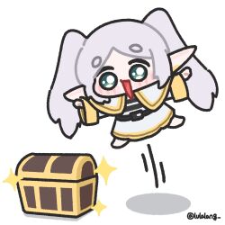  1girl capelet chibi chibi_only dress excited frieren full_body green_eyes grey_hair happy highres jumping long_hair looking_at_viewer lulalang open_mouth outstretched_arms parted_bangs pointy_ears simple_background smile solo sousou_no_frieren sparkle treasure_chest twintails twitter_username white_background white_capelet white_dress 