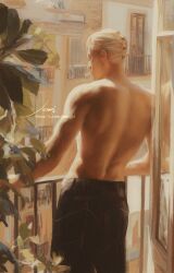  1boy black_pants blonde_hair cigarette commentary from_behind highres jojo_no_kimyou_na_bouken jomijjd male_focus outdoors pants plant prosciutto_(jojo) railing short_hair smoking solo symbol-only_commentary topless_male vento_aureo 