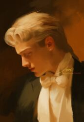  1boy black_jacket blonde_hair bow bowtie braid closed_mouth commentary earrings eyelashes formal_clothes from_side giorno_giovanna hair_rings highres jacket jewelry jojo_no_kimyou_na_bouken jomijjd lapels male_focus open_clothes open_jacket piercing portrait shirt solo stud_earrings suit_jacket symbol-only_commentary vento_aureo white_bow white_bowtie white_shirt 