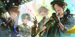  4boys apol_(ap_is_apol) aqua_hair black_gloves black_hair blue_eyes blue_necktie brown_hair by_the_beat closed_mouth commentary confetti earrings english_commentary freodore_(nijisanji) gloves hair_between_eyes hand_on_another's_shoulder highres holding holding_microphone jacket jewelry kaelix_debonair light_particles light_rays looking_at_viewer male_focus microphone microphone_stand mole mole_under_eye multiple_boys multiple_moles necktie nijisanji nijisanji_en one_eye_closed open_clothes open_jacket open_mouth parted_lips round_eyewear seible_(nijisanji) short_hair single_earring smile stage_lights teeth unworn_eyewear upper_body upper_teeth_only violet_eyes virtual_youtuber waving zeal_ginjoka 