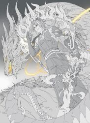  1boy 1other absurdres arknights arm_armor arm_at_side arm_tattoo belt black_shirt chinese_commentary chongyue_(arknights) claws commentary_request compression_shirt dragon dutch_angle earrings eastern_dragon evil_smile facing_ahead feet_out_of_frame flame_tattoo greyscale hand_up highres holding holding_sword holding_weapon horns jewelry low_ponytail male_focus monochrome pants parted_bangs ponytail shirt shuo's_husk_(arknights) single_shoulder_pad smile solo spot_color sword tail tattoo very_long_tail weapon xiuxiandujieya yellow_eyes 