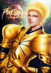  1boy armor blonde_hair character_name earrings fate/zero fate_(series) gilgamesh highres jewelry momoman_(pink_voltage) red_eyes solo title_drop 