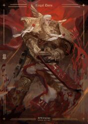  1boy absurdres armor artist_name blood blurry bolter breastplate cape chainsword character_name chromatic_aberration couter cuirass dated depth_of_field full_armor gauntlets ginias glitter gold_border greaves grey_eyes highres imperial_fists leg_armor male_focus motion_blur pauldrons poleyn power_armor primarch purity_seal rerebrace revision rogal_dorn roman_numeral shoulder_armor solo star_(symbol) storm's_teeth warhammer_40k weapon white_hair 