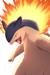 1other claws commentary_request fangs fire highres open_mouth pokemon pokemon_(creature) pokemon_focus red_eyes rumine_(yoshi1234567) sharp_teeth simple_background solo teeth typhlosion 