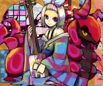  bow gym_leader hair_bow hair_ornament homika_(pokemon) japanese_clothes kimono milimilihosi pokemon pokemon_(creature) pokemon_(game) pokemon_bw2 scolipede short_hair topknot white_hair 