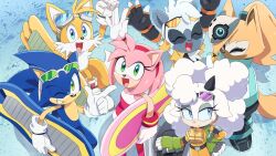  2boys 4girls :d amy_rose animal_nose anime_coloring closed_eyes dress fox_boy from_above furry furry_female furry_male gloves goggles goggles_on_head green_eyes grin hedgehog_girl highres lanolin_the_sheep looking_at_viewer multiple_boys multiple_girls one_eye_closed pink_dress ririkuma0530 sheep_girl ski_goggles smile snow snowboard sonic_(series) sonic_the_hedgehog sonic_the_hedgehog_(idw) tails_(sonic) tangle_the_lemur whisper_the_wolf white_gloves 