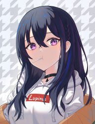  1girl absurdres alternate_costume black_choker black_hair blue_streaks braid choker clothes_writing commentary_request crossed_bangs drawstring fmg green_jacket hair_between_eyes highres hood hood_down hooded_jacket ichinose_uruha jacket lollipop_in_mouth long_hair looking_at_viewer multicolored_hair off_shoulder patterned_background quilted_jacket side_braid solo streaked_hair upper_body violet_eyes virtual_youtuber vspo! white_jacket 