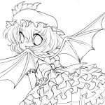  absurdres bat_wings bird bow cross dress fangs from_behind hat highres lineart looking_at_viewer monochrome open_mouth remilia_scarlet ribbon smile solid_black_thumbnail solo touhou transparent_background wings yume_shokunin 