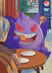 blonde_hair cafe chair colored_sclera colored_skin commentary crumbs eating food gengar ghost highres holding joy_(pokemon_legends:_z-a) kanataeni open_mouth plant plate poke_ball pokemon pokemon_(creature) pokemon_center pokemon_legends:_z-a potion_(pokemon) purple_skin red_sclera sitting symbol-only_commentary table teeth tongue 