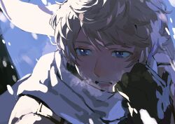  1boy 333takoyaki absurdres arm_up axis_powers_hetalia black_gloves blue_eyes breath brown_hair commentary_request gloves highres looking_to_the_side male_focus open_mouth parted_bangs russia_(hetalia) scarf sideways_glance snowing solo white_scarf 