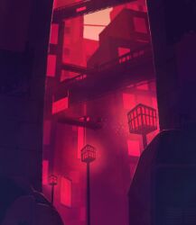  8osakana_san8 alley bridge building city cityscape commentary highres in-universe_location lamppost no_humans oneshot_(game) painterly purple_theme road scenery street symbol-only_commentary 