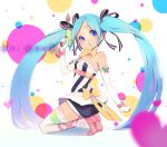  :o aqua_hair bare_shoulders blue_eyes bow bowtie elbow_gloves gloves gun hatsune_miku heart heart_shooter_(vocaloid) kneeling long_hair open_mouth purple_eyes shorts solo squatting ssberit thigh-highs thighhighs twintails very_long_hair vocaloid weapon white_legwear 