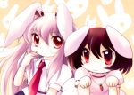  :3 animal_ears blush brown_hair bunny_ears highres inaba_tewi jewelry long_hair looking_at_viewer multiple_girls necklace necktie purple_hair rabbit_ears red_eyes reisen_udongein_inaba short_hair smile touhou yume_shokunin 