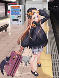  1girl abigail_williams_(fate) abigail_williams_(first_ascension)_(fate) bandaid bandaid_on_face bandaid_on_forehead black_bow black_dress black_hat black_shoes blonde_hair bloomers blue_eyes blush bow breasts cat commentary_request crossed_bandaids dress fate/grand_order fate_(series) forehead full_body hair_bow hat highres long_hair long_sleeves looking_at_viewer orange_bow parted_bangs ribbed_dress shiro_ami shoes sleeves_past_fingers sleeves_past_wrists small_breasts stuffed_animal stuffed_toy subway_station suitcase teddy_bear white_bloomers 