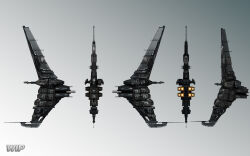  3d attack_ship_(eve_online) battlecruiser_(eve_online) boundless_creation_(eve_online) commentary eve_online from_behind from_side glowing grey_background grey_theme highres military_vehicle minmatar_republic_(eve_online) monochrome_background multiple_views no_humans realistic republic_fleet_(eve_online) science_fiction spacecraft thrusters tornado_(eve_online) vankaiser vehicle_focus 