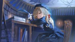  1girl absurdres beret blonde_hair blue_dress blue_eyes blunt_bangs book bookshelf candle chain chair character_request commentary commission desk dress english_text fern_(bhbtr) gloves hat highres holding holding_quill ladder looking_at_viewer looking_to_the_side medium_hair on_chair quill red_ribbon ribbon sitting smile solo veil watermark white_gloves wooden_chair wooden_desk 