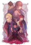  3boys arm_support armlet artist_name asymmetrical_clothes bangs beard belt bleeding blonde_hair blood blue_eyes blue_shirt bow braid breasts brown_eyes brown_hair buckle buttons cape closed_eyes detached_sleeves earrings facial_hair fate/zero fate_(series) finished fionn_mac_cumhaill floral_background flower french_braid fur_collar fur_trim grainne grey_background hair_slicked_back half_updo hand_on_own_chest head_tilt high_collar highres injury jewelry kayneth_archibald_el-melloi kneeling lancer_(fate/zero) long_hair long_sleeves looking_at_viewer looking_down mole multiple_boys multiple_girls mustache naked_cat nose pants parted_bangs petals pointy_hair puffy_sleeves red_eyes red_hair red_ribbon redhead ribbon rose sad scowl serious shirt short_hair short_sleeves signature simple_background skin_tight sola-ui_nuada-re_sophia-ri standing white_background white_shirt 