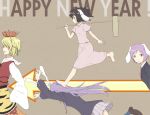  animal_ears barefoot black_hair blonde_hair bunny_ears directional_arrow feet hair_ornament happy_new_year holding inaba_tewi kahasina kawashina_(momen_silicon) long_hair multiple_girls new_year pink_eyes purple_hair rabbit_ears reisen reisen_udongein_inaba running skirt sleeves_past_wrists standing_on_head toramaru_shou touhou 