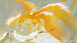  animalization ayn_alwyn ayn_alwyn_(myths_wonders) bird chinese_commentary creature creature_focus extra_legs fire flying highres lovebrush_chronicles multiple_wings no_humans official_art rock sun swallow_(bird) talons tuotuo watermark waves weibo_watermark wings yellow_bird 