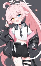  1girl adachi_(ttriwk) ahoge bandaid black_necktie black_shorts blue_archive blue_eyes blush fang halo hashtag-only_commentary headphones headphones_around_neck heterochromia highres hoshino_(blue_archive) huge_ahoge long_hair necktie open_mouth pink_hair pink_halo ponytail shirt shorts smile solo very_long_hair white_shirt 