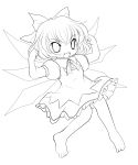  absurdres barefoot bow cirno dress fang flex hair_bow highres lineart monochrome open_mouth pose short_hair smile solid_black_thumbnail solo touhou transparent_background wings yume_shokunin 