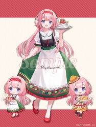  1girl blue_eyes blush cake chibi chibi_inset closed_mouth commentary_request company_name cup food full_body hairband hat holding letterboxed long_hair looking_at_viewer momoshiki_tsubaki multiple_views nijisanji official_alternate_costume official_art open_mouth outside_border pasta pink_hair plate red_hairband red_shoes sample_watermark shirt shoes skirt spaghetti suo_sango virtual_youtuber watermark white_shirt 