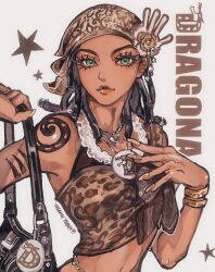  1girl alternate_costume animal_print arm_tattoo bag bandana bare_shoulders black_hair bracelet character_name commentary crop_top dark-skinned_female dark_skin dragona_joestar dreadlocks durag fingernails handbag head_wreath highres jewelry jojo_no_kimyou_na_bouken leopard_print long_fingernails naru_tomaki solo symbol-only_commentary tattoo the_jojolands yellow_nails 