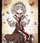  alice_margatroid butterfly capelet dress hairband highres jewelry monochrome pillarboxed puppet_strings ring sash smile solo tamago_gohan touhou 
