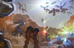  1other absurdres advarcher alien armor building commentary crystal day desert explosion facing_away firing flying from_behind full_armor highres marine_(starcraft) missile mountainous_horizon mutalisk outdoors overlord_(starcraft) power_armor science_fiction smoke space_marine starcraft sun terran zerg_(starcraft) 