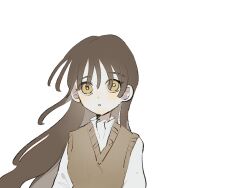  1girl arms_at_sides blackseek blush brown_hair frilled_shirt_collar frills highres long_hair parted_lips saihate_eki shirt simple_background solo sweater_vest tenjiku_aoi upper_body white_background white_shirt yellow_eyes yellow_sweater_vest 