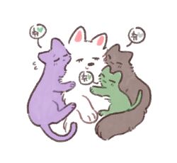  animal animal_focus animalization basil_(wgh0anzdple3asf) brown_cat cat commentary fujishima_megumi green_cat group_hug hasu_no_daisankaku heart hug korean_text link!_like!_love_live! love_live! no_humans ogami_sachi otomune_kozue purple_cat simple_background speech_bubble spoken_heart translation_request virtual_youtuber white_background wolf yugiri_tsuzuri 