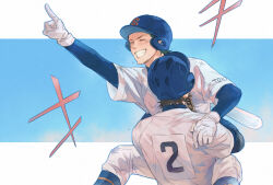  2boys absurdres ace_of_diamond baseball_bat baseball_helmet baseball_jersey baseball_uniform black_hair blue_background border carrying carrying_person closed_eyes commentary flying_sweatdrops from_behind green_hair hat helmet highres jersey kuramochi_youichi layered_sleeves letterboxed long_sleeves male_focus miyuki_kazuya multiple_boys pointing pointing_up shirt short_hair short_over_long_sleeves short_sleeves simple_background smile sportswear symbol-only_commentary teeth upper_body white_border white_shirt zechengm19 