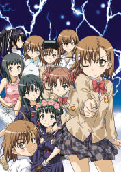  6+girls :3 age_difference ahoge aiming aiming_at_viewer alternate_eye_color ao_dai asymmetrical_bangs bare_arms bare_shoulders belt black_hair blazer blue_background blue_eyes blue_sailor_collar blue_serafuku blush_stickers bow bowtie breasts brown_eyes brown_hair brown_jacket child clenched_hand closed_mouth coin collared_dress collared_shirt commentary_request cowboy_shot dress electricity emblem expressionless eyewear_on_head flower flower_hairband goggles goggles_on_head green_eyes grey_eyes hair_between_eyes hair_bow hair_flower hair_ornament hair_ribbon holding holding_coin itsuwa jacket jewelry kanzaki_kaori large_breasts last_order_(toaru_majutsu_no_index) light_blush light_smile long_hair long_sleeves looking_at_viewer medium_breasts medium_hair medium_skirt miniskirt misaka_imouto misaka_mikoto misaka_misuzu misaka_worst mother_and_daughter muichimon multiple_girls neckerchief night_vision_device parted_lips pink_flower pink_tank_top plaid_clothes plaid_skirt pleated_skirt ponytail railgun_(misaka_mikoto) red_bow red_bowtie red_neckerchief ribbon sailor_collar sakugawa_school_uniform sandals saten_ruiko school_emblem school_uniform serafuku shirai_kuroko shirt short_hair short_shorts shorts shorts_under_skirt siblings sidelocks sisters skirt smile tank_top toaru_kagaku_no_railgun toaru_majutsu_no_index toaru_majutsu_no_index:_old_testament tokiwadai_school_uniform twintails uiharu_kazari upper_body v-shaped_eyebrows vietnamese_clothes white_belt white_dress white_flower white_shorts winter_uniform 