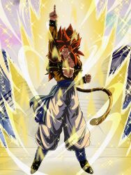  1boy absurdres aura blue_sash dragon_ball dragon_ball_gt full_body gogeta highres male_focus metamoran_vest monkey_boy monkey_tail muscular muscular_male pants powering_up sai_t_d saiyan sash solo spiky_hair super_saiyan super_saiyan_4 tail teeth 