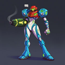  ... 1girl absurdres arm_cannon armor assault_visor black_background blood blood_on_armor brwnbear clenched_hand full_armor gradient_background green_blood highres metroid metroid_dread normal_suit_(metroid) power_armor power_suit_(metroid) samus_aran smoke smoking_barrel weapon 