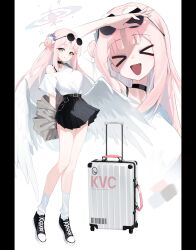  >_< 1girl 3hino :d absurdres angel_wings arm_up black_choker black_shoes black_skirt blue_archive choker closed_eyes closed_mouth commentary eyewear_on_head feathered_wings flower full_body grey_jacket hair_bun hair_flower hair_ornament hair_ribbon halo highres jacket jacket_partially_removed long_hair looking_at_viewer mika_(blue_archive) miniskirt multiple_views open_mouth pillarboxed pink_hair pink_halo pleated_skirt purple_flower ribbon rolling_suitcase round_eyewear shirt shoes single_off_shoulder skirt smile sneakers socks suitcase sunglasses symbol-only_commentary white_background white_ribbon white_shirt white_socks white_wings wings xd yellow_eyes 