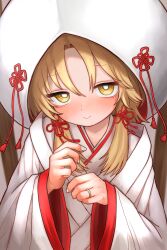  1girl absurdres blonde_hair blush bright_pupils closed_mouth commentary commission hair_between_eyes hands_up highres japanese_clothes jewelry kimono long_sleeves looking_at_viewer medium_hair moriya_suwako nail_polish neritch ring sidelocks skeb_commission smile solo touhou uchikake upper_body wedding_ring white_kimono white_nails white_pupils yellow_eyes 