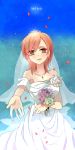  bare_shoulders bouquet bridal_veil bride brown_eyes dress fate/zero fate_(series) flower jewelry necklace orbe outstretched_hand petals red_hair redhead short_hair sola-ui_nuada-re_sophia-ri solo veil wedding_dress 
