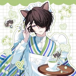  1boy animal_ears black_hair blue_kimono boys_be_maid! cat_boy cat_ears chibi chibi_inset chinese_commentary commentary_request cup green_kimono grey_eyes grid_background hair_over_one_eye hand_in_own_hair hand_up heart highres himeutsugi_rei holding holding_tray japanese_clothes kimono long_sleeves male_focus matcha_(food) multicolored_kimono one_eye_covered shirt shirt_under_kimono short_hair simple_background solo striped_clothes striped_kimono teacup teaspoon tray tupikeee upper_body white_background white_kimono white_shirt 